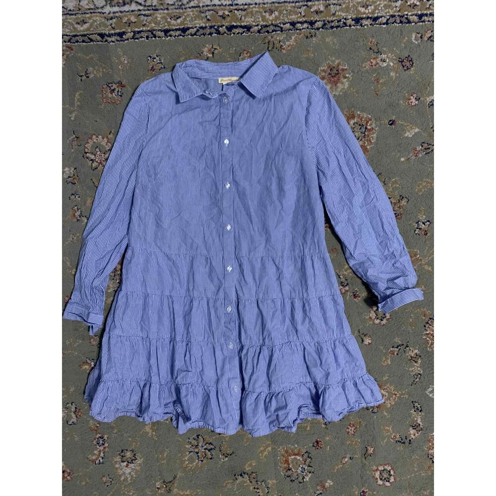 Sweet Magnolia Blue & White Long Sleeve Striped Tiered Mini Cotton Dress, L